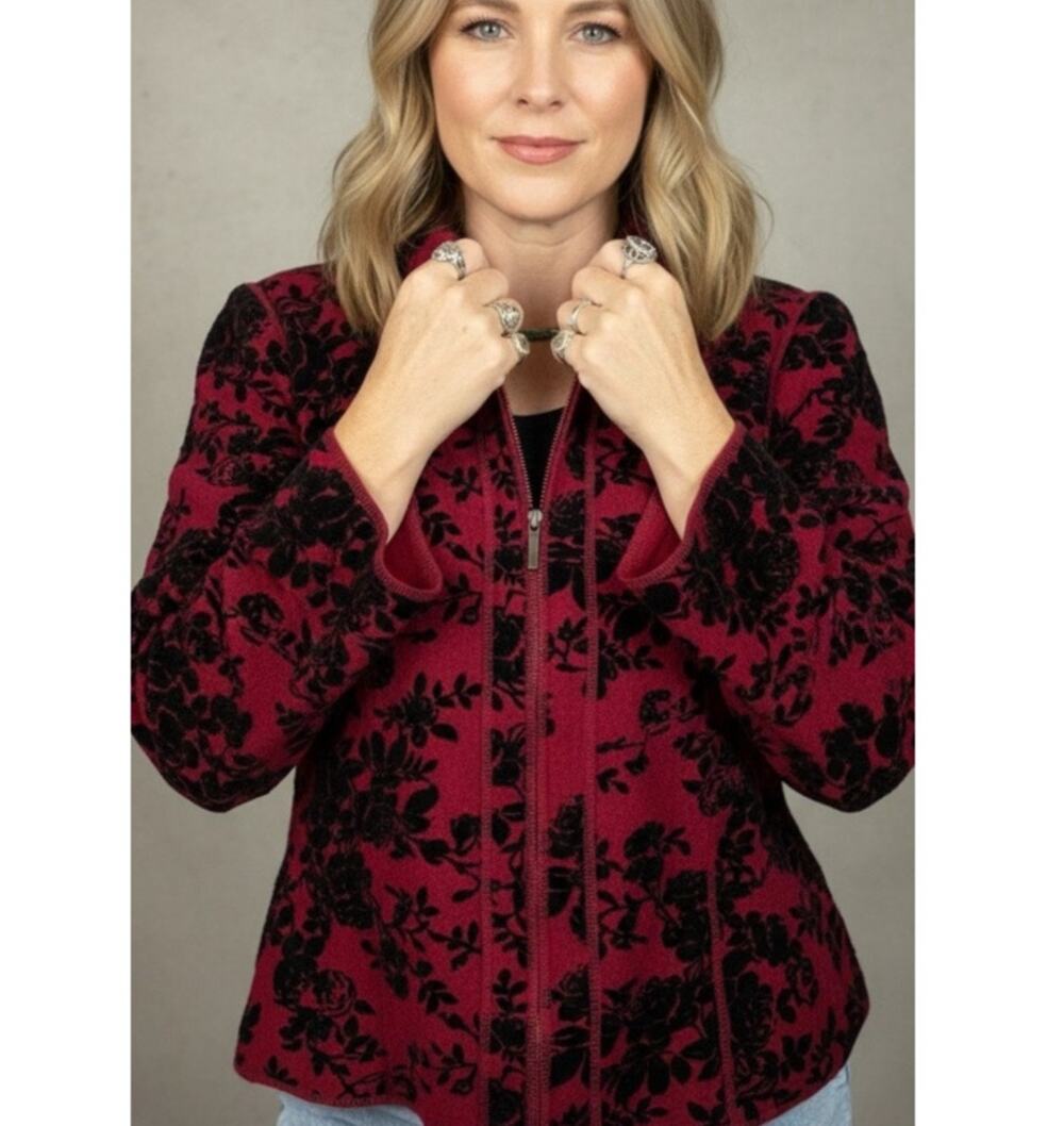 Sara Isabella Felted Wool Blend Shacket/Zip Up Sweater with Velour Embossing